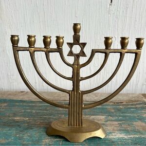 Vintage Brass Menorah 9 branch Star of David Hanukkah ~ MISSING BOWL  ~ READ